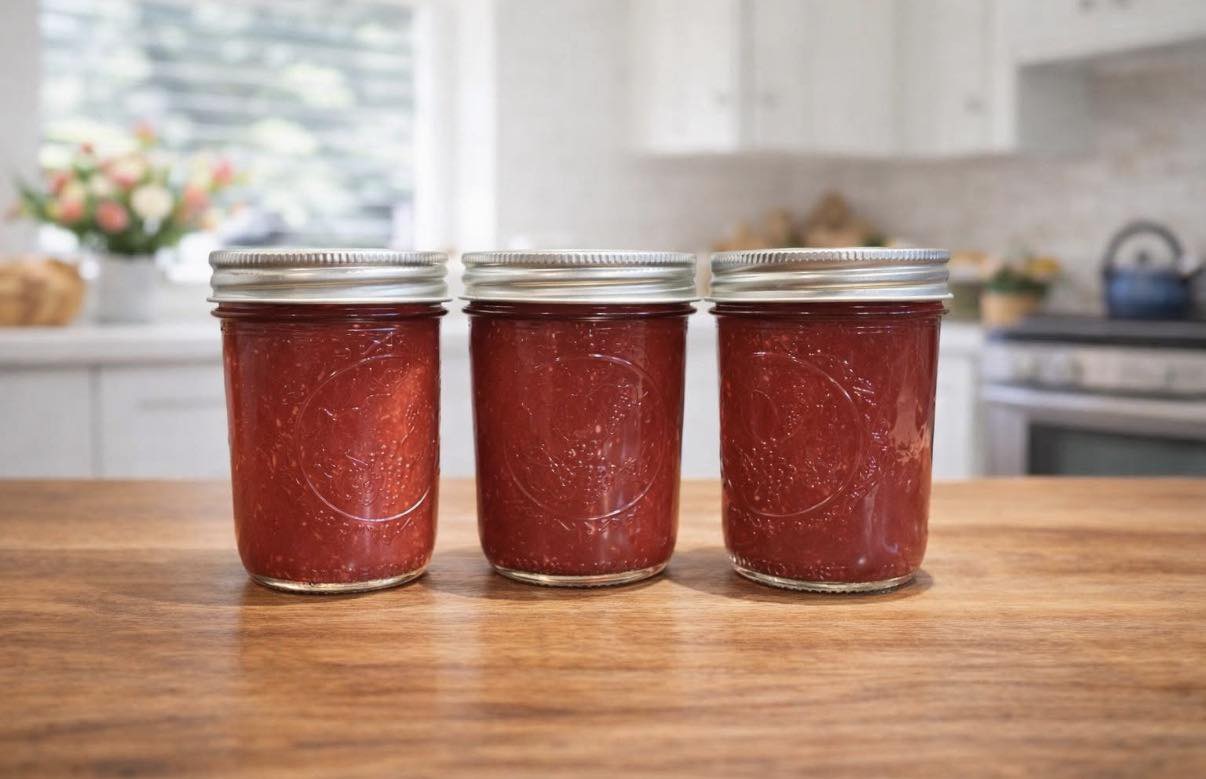 Three jars of red jam on a kitchen counter