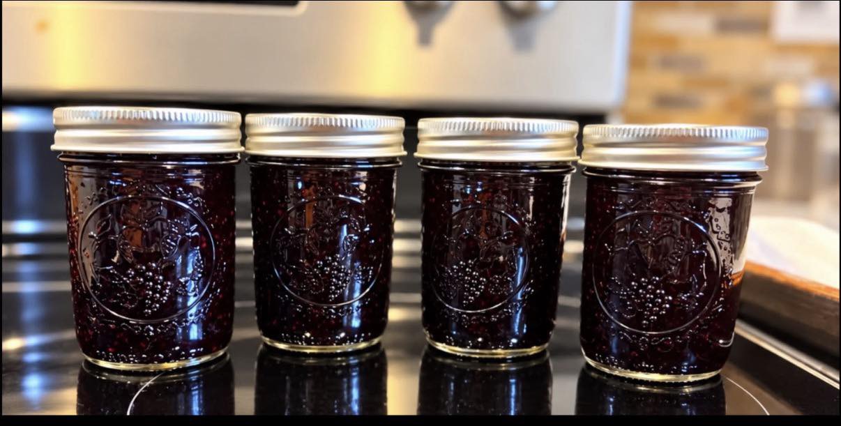Four jars of dark preserves with silver lids